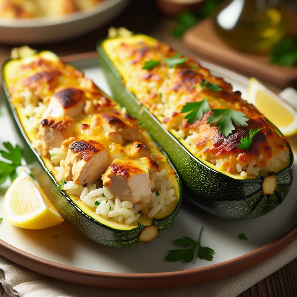 Gefüllte Zucchini mit Hähnchen und Reis