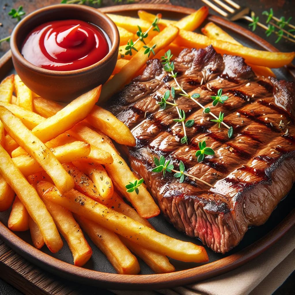 Gegrilltes Fleisch mit Pommes