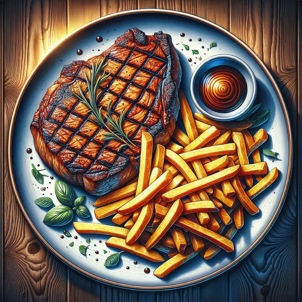 Gegrilltes Fleisch mit Pommes
