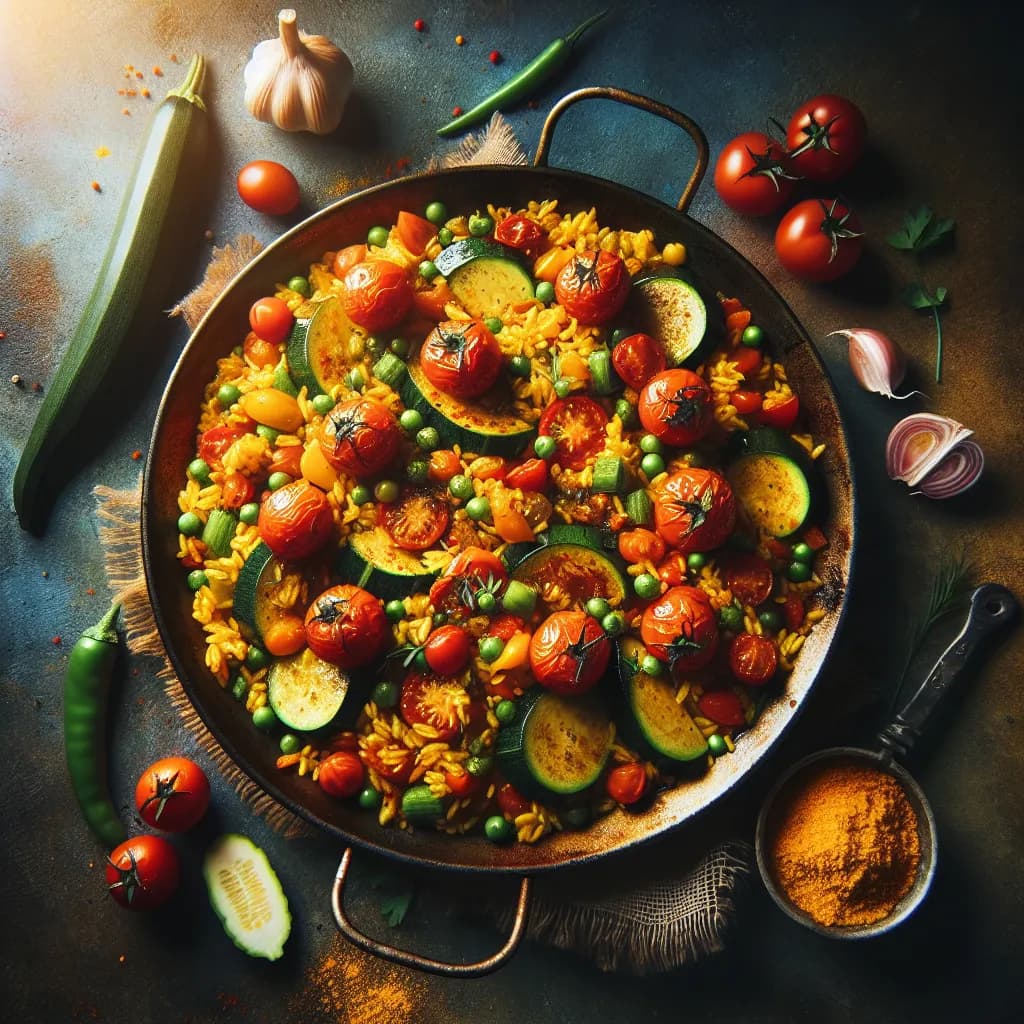 Gemüsepaella mit Zucchini und Tomaten