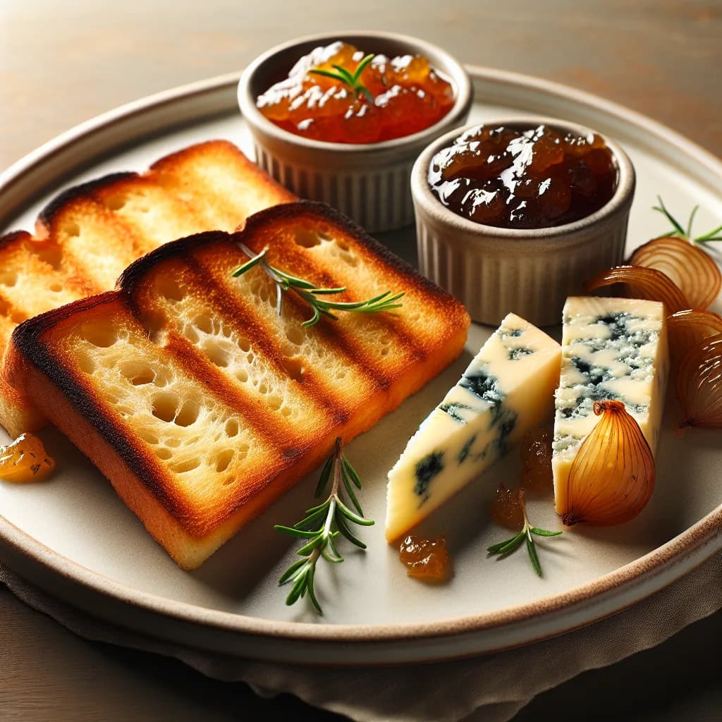 Geröstetes Brot mit Schimmelkäse und Zwiebelkonfitüre