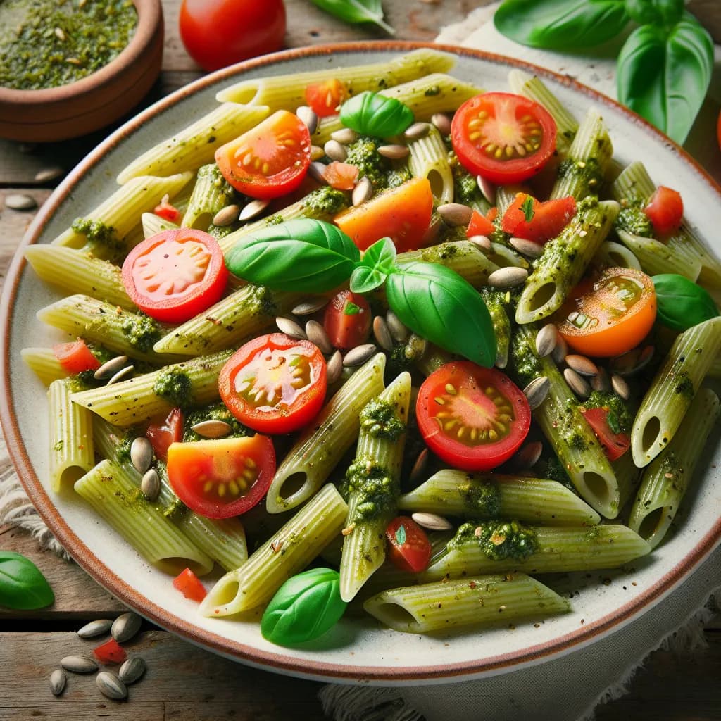 Gluten-Free Penne Pasta Salad with Sunflower Seed and Tomato Pesto