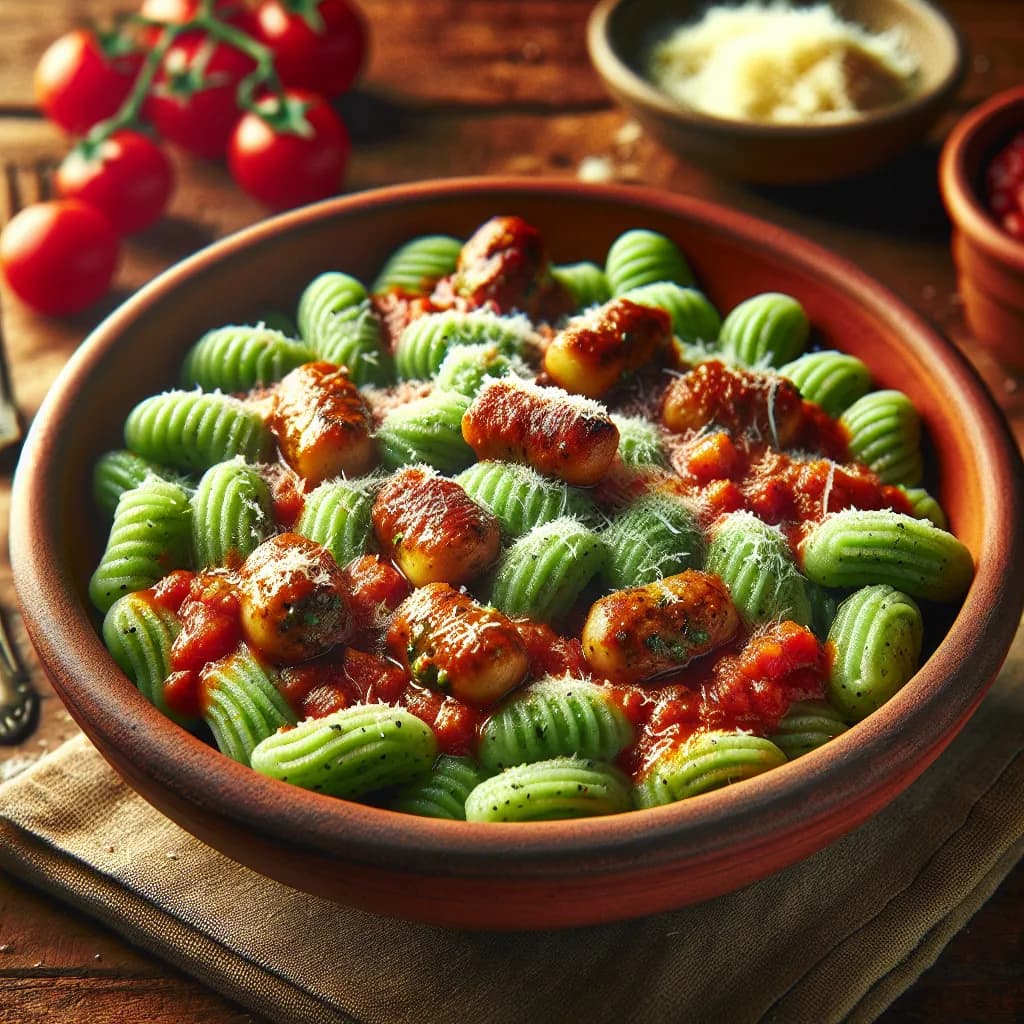 Gnocchi Verdi con Ragù di Salsiccia e Sugo di Pelato Rosso