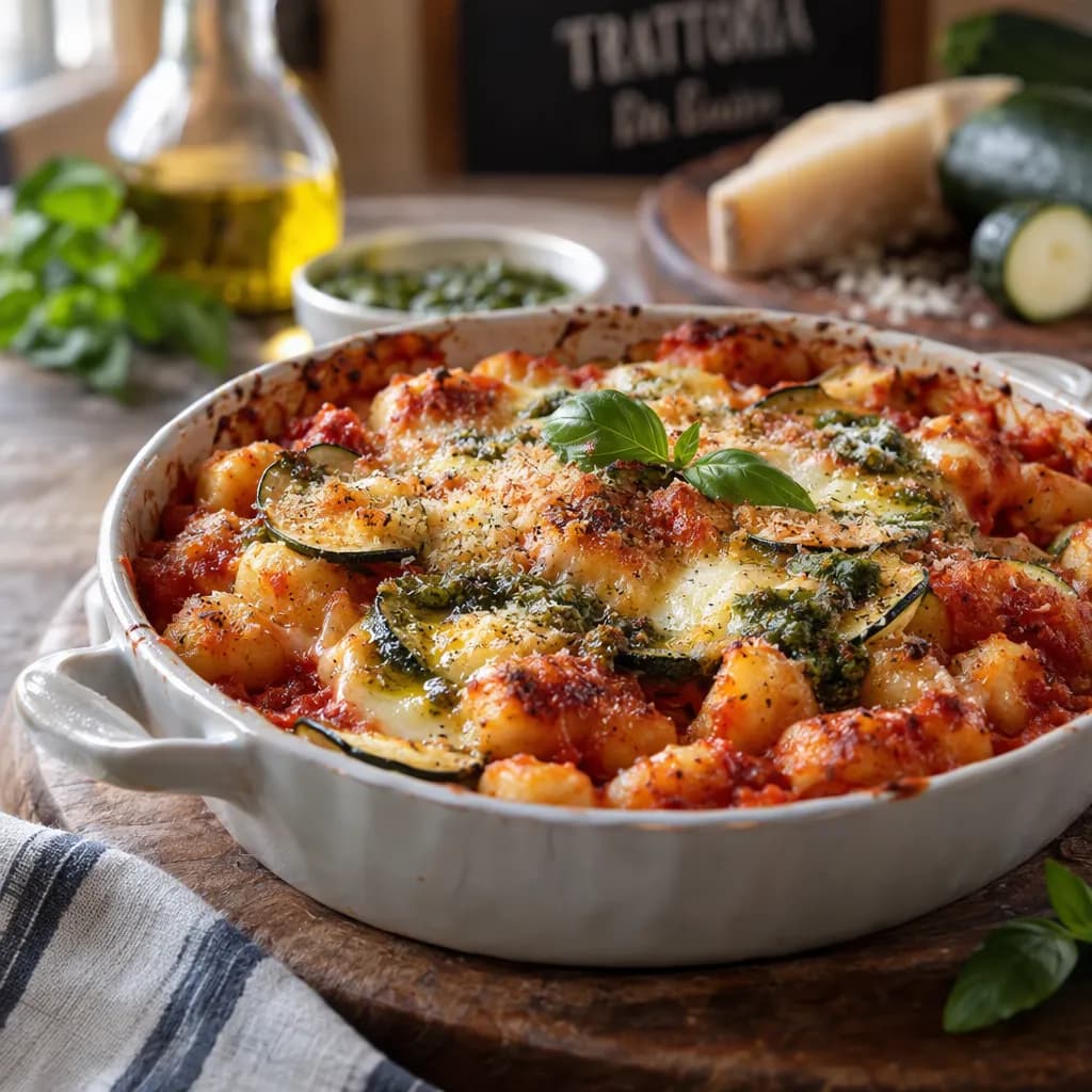 Gnocchi alla sorrentina gratinés aux courgettes et au pesto