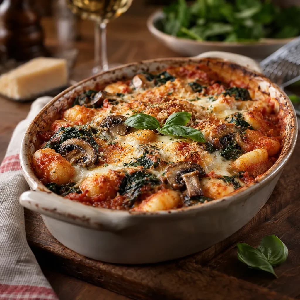 Gnocchi gratinés à la sorrentina, champignons et épinards