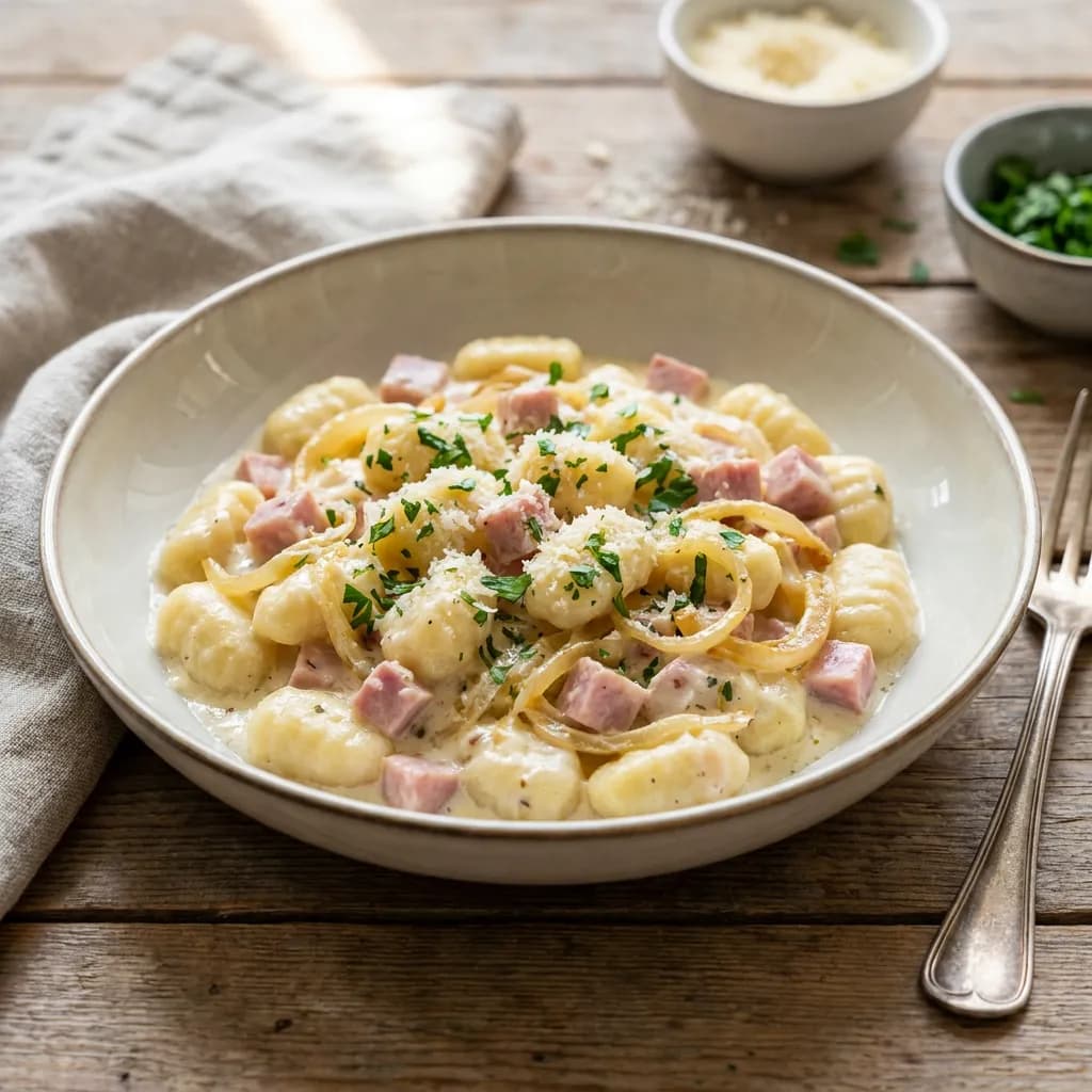 Gnocchi mit cremiger Schinken-Zwiebel-Obers-Sauce