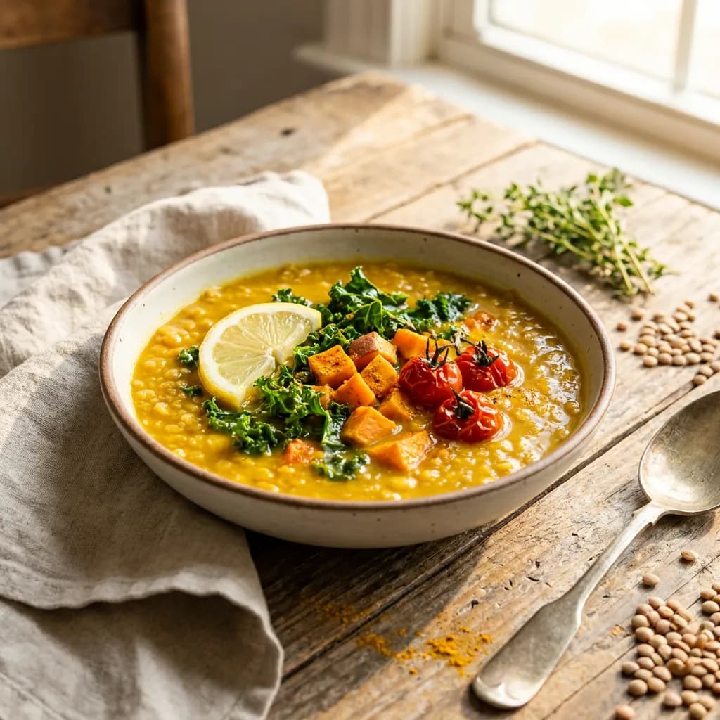 Golden Lentil, Sweet Potato, and Kale Soup