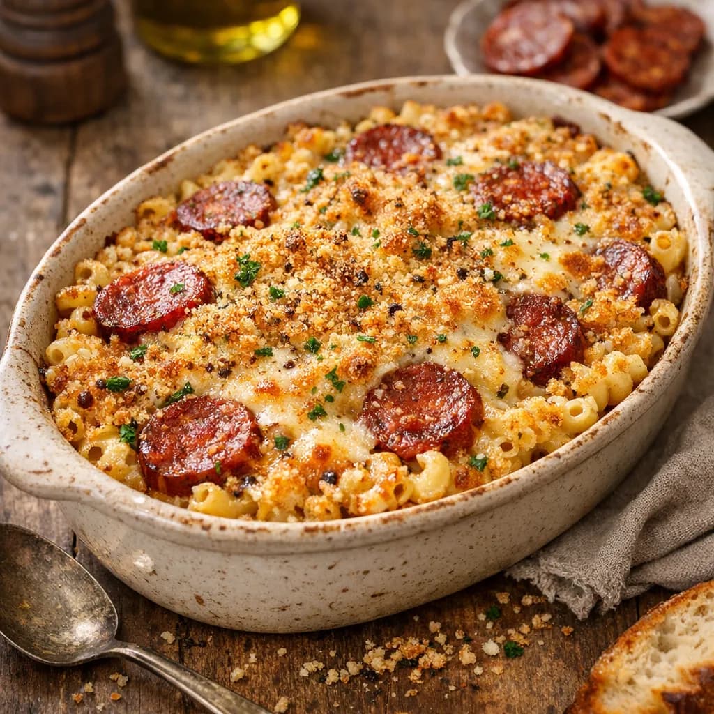 Gratin de coquillettes au chorizo et fromage