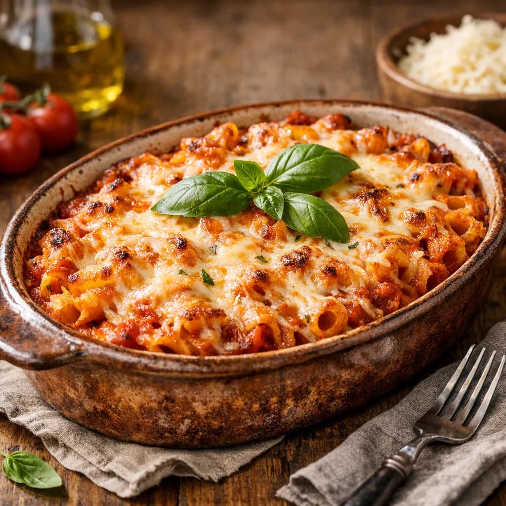 Gratin de pâtes à la sauce tomate et fromage râpé