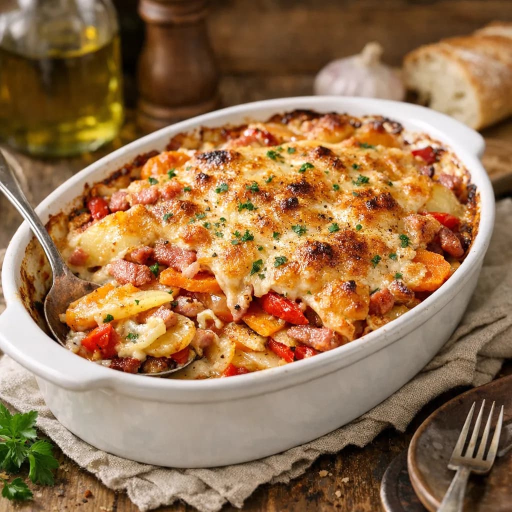 Gratin de pommes de terre, patate douce et poivrons rouges aux lardons