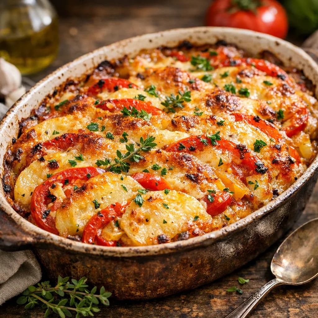 Gratin de pommes de terre, tomates et poivrons