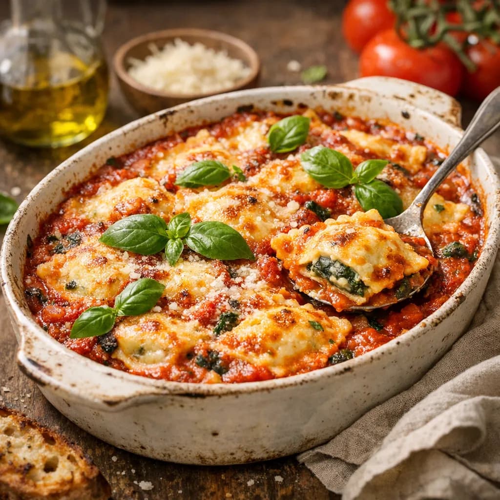 Gratin de ravioli épinards ricotta à la tomate