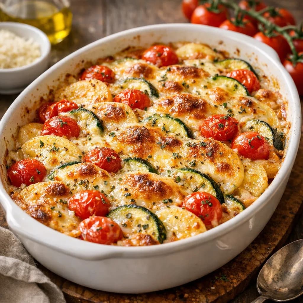 Gratin di Zucchine, Patate e Pomodorini ai Due Formaggi