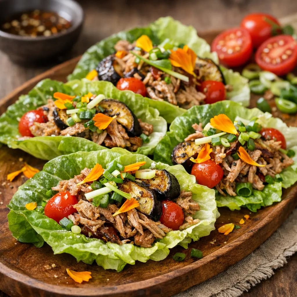 Grilled Eggplant and Pork Lettuce Wraps