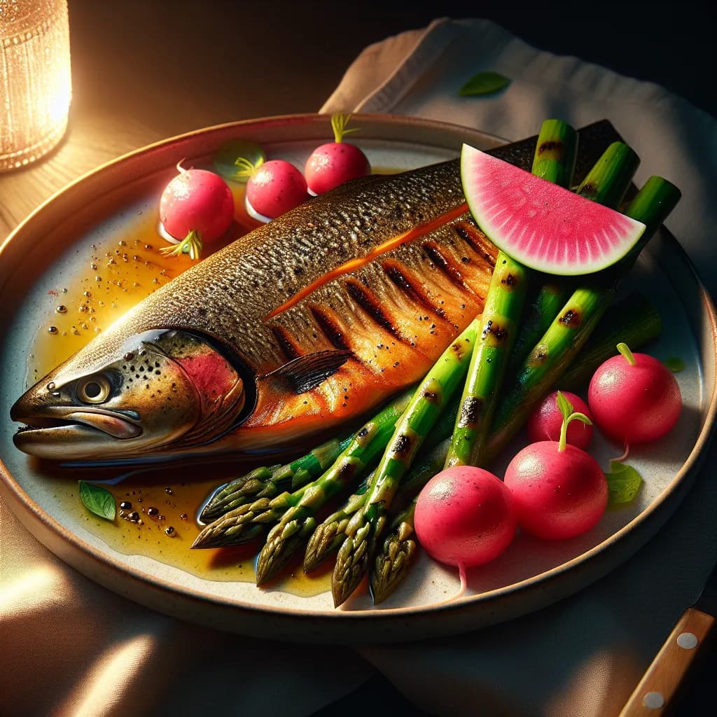 Grilled Trout with Asparagus and Watermelon Radish Salad