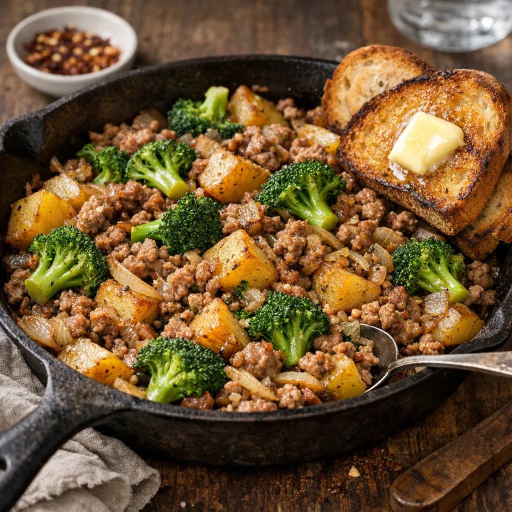 Ground Pork and Potato Skillet with Broccoli