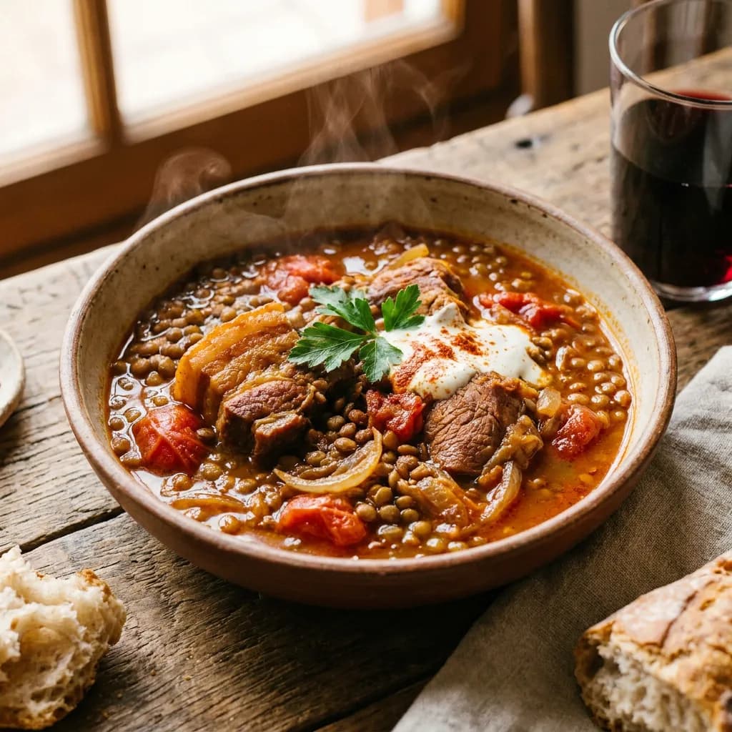 Guiso casero de lentejas con chancho y paprika