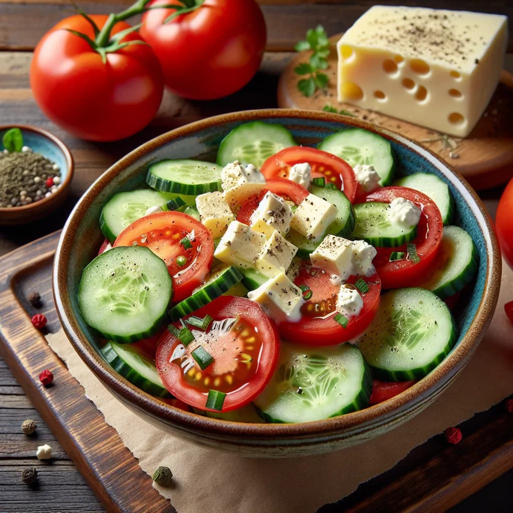Gurkensalat mit Tomaten und Frischkäse