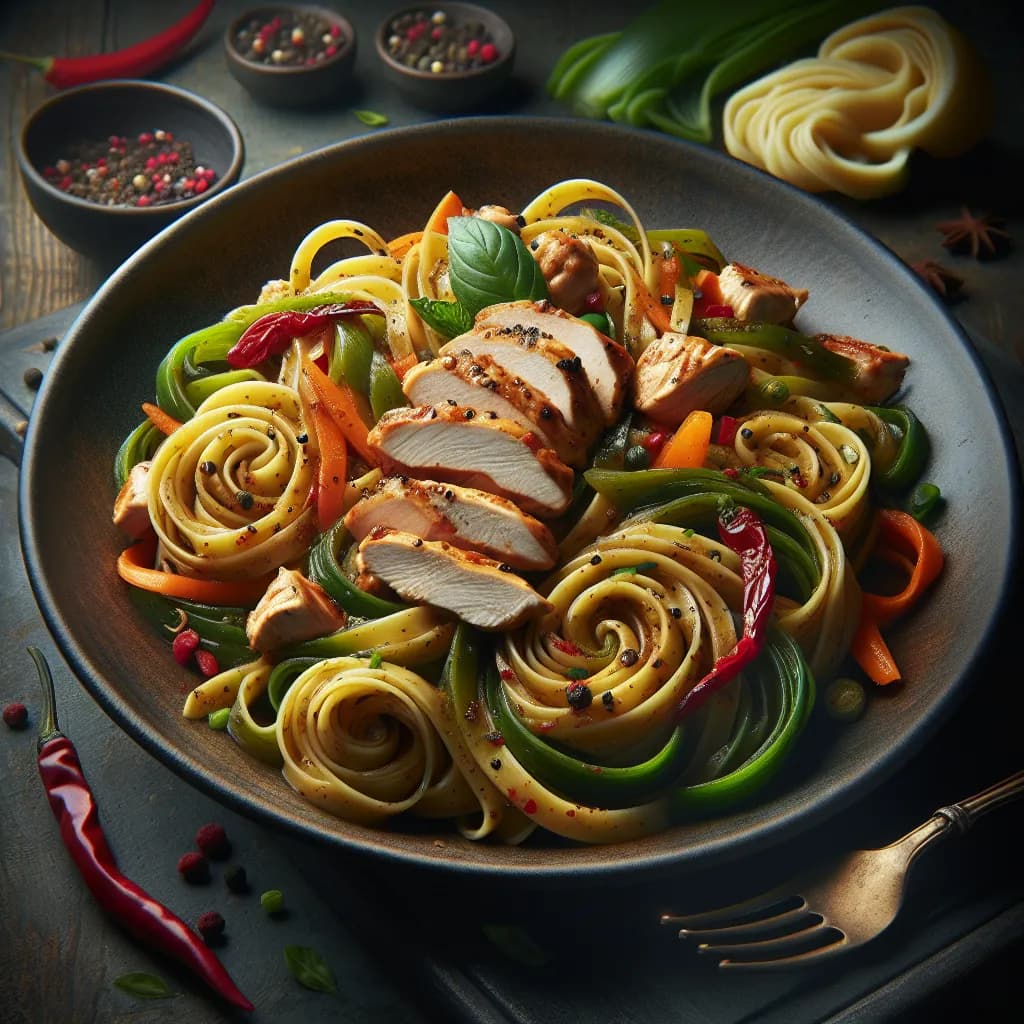 Hähnchen-Bandnudeln mit Gemüse