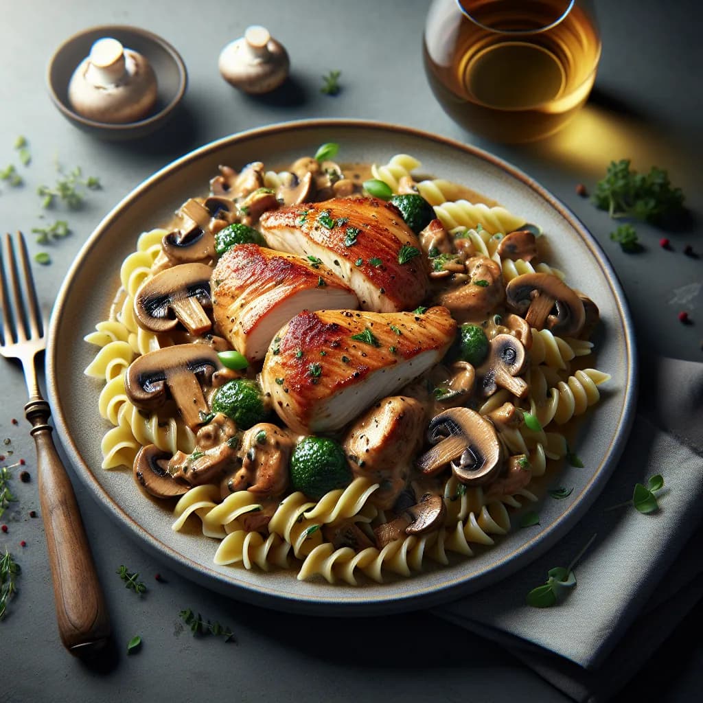 Hähnchen-Pilz-Ragout mit Nudeln