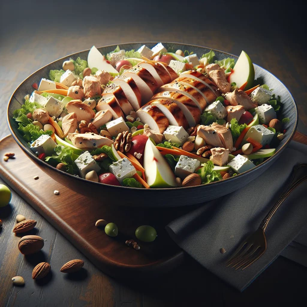 Hähnchen-Salat mit Feta und Nüssen