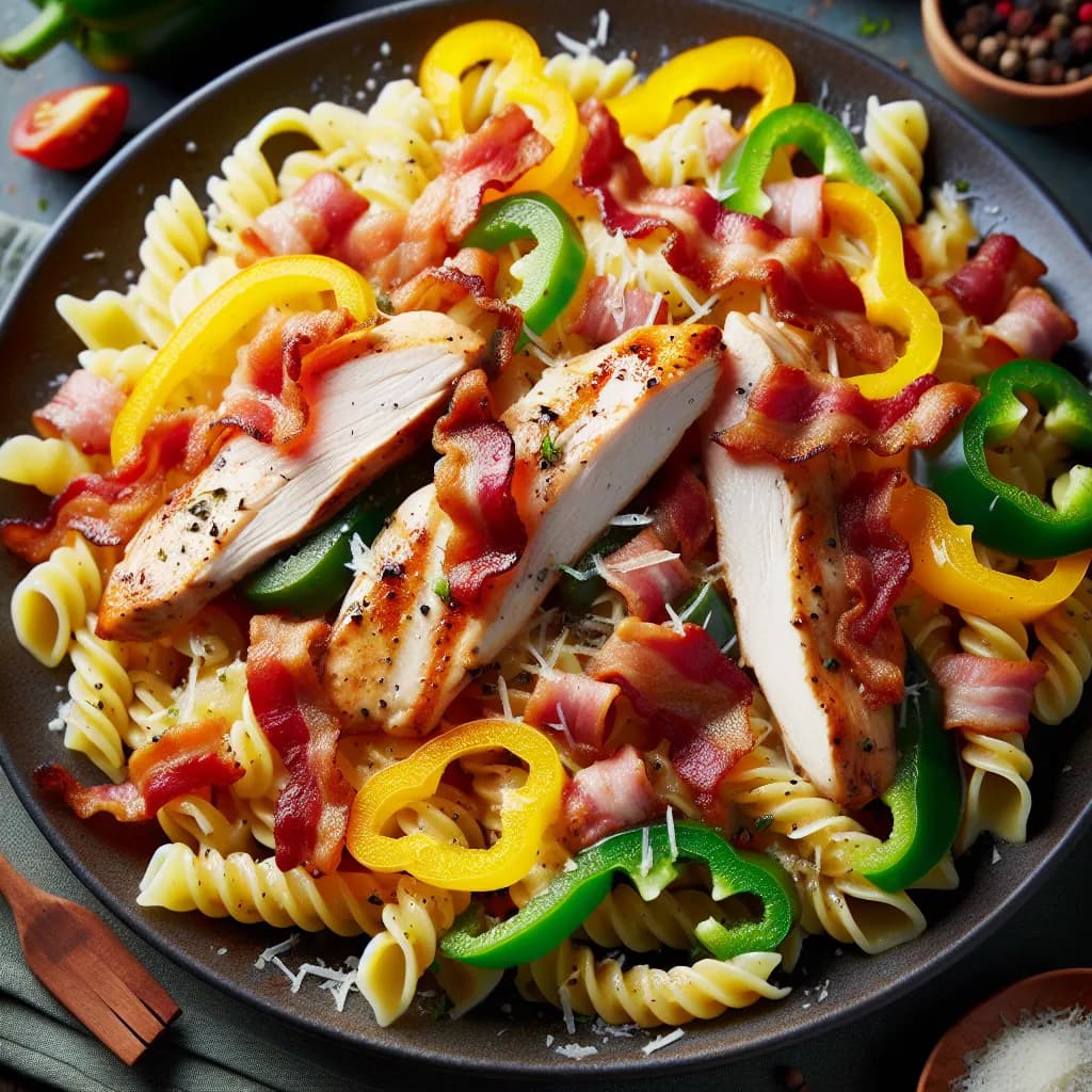 Hühnerbrust mit Speck und Paprika Pasta