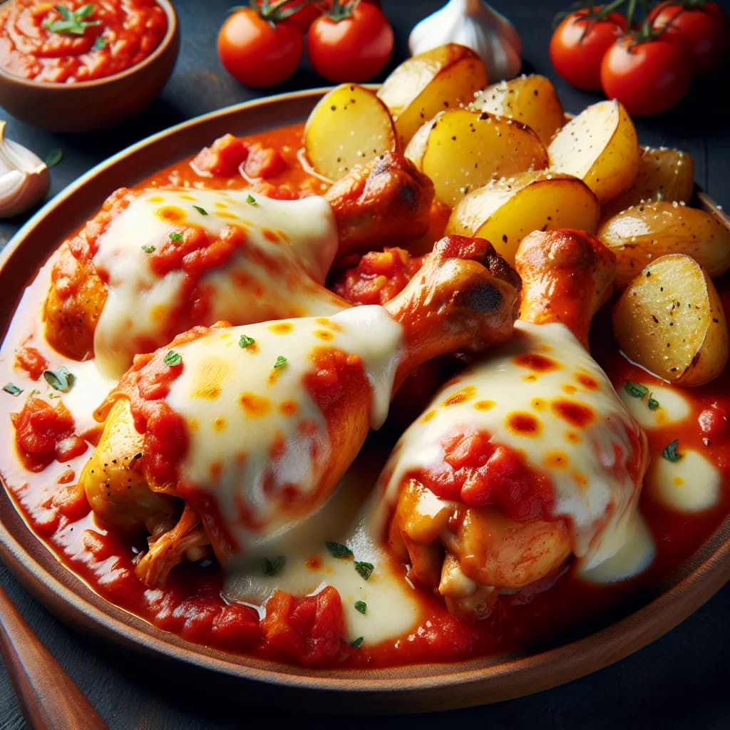 Hühnerkeulen alla Pizzaiola mit Mozzarella und Kartoffeln