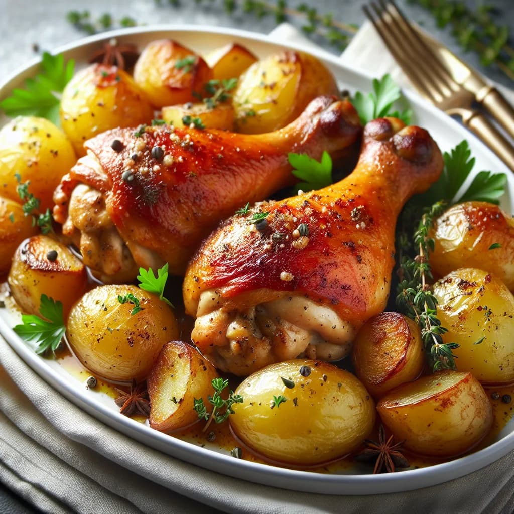 Hühnerkeulen im Backofen mit Kartoffeln