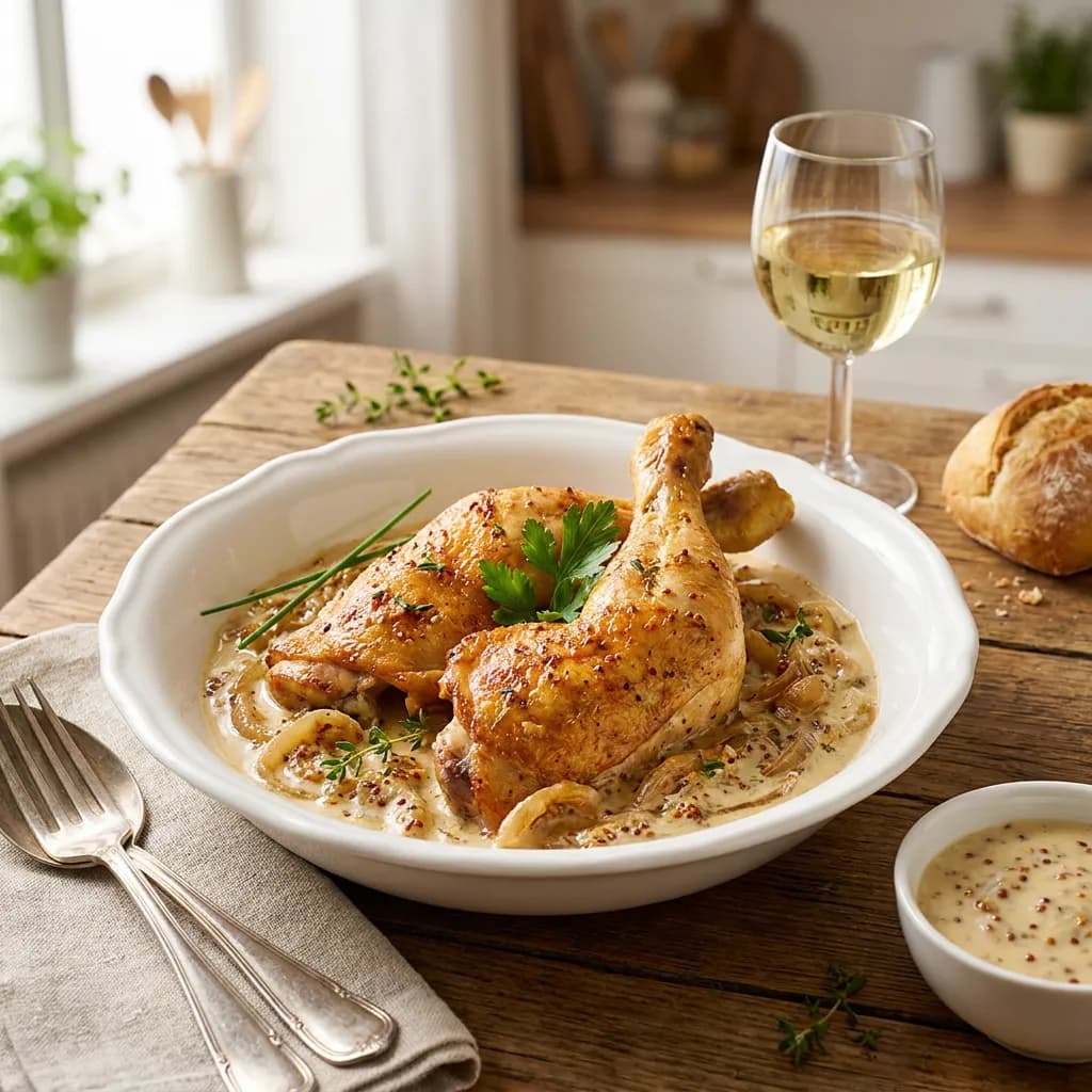 Hühnerkeulen in Zwiebel-Senf-Rahmsauce