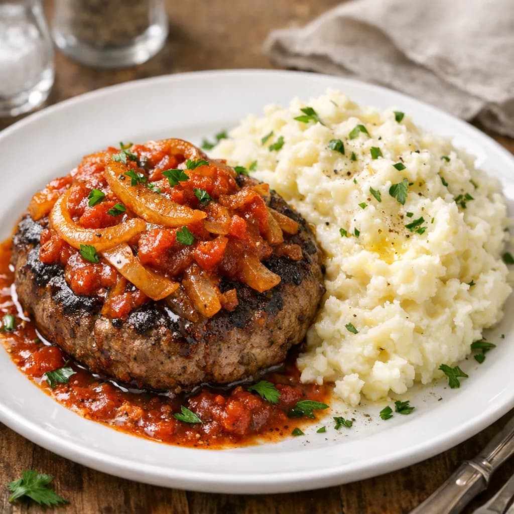 Hamburger Steak and Garlic Mashed Potatoes