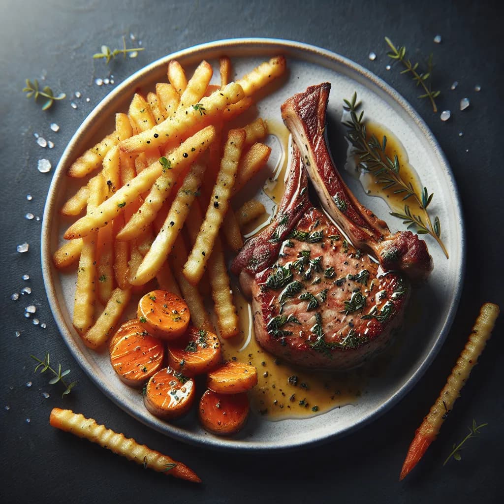 Herb-Crusted Veal Chops with Skinny Fries and Veggies