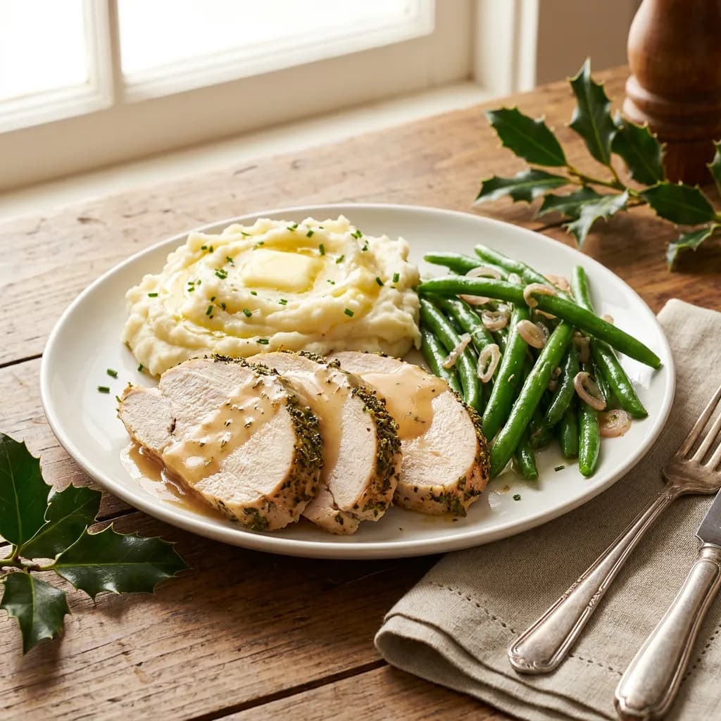 Herb-Roasted Turkey with Garlic Mashed Potatoes and Green Beans