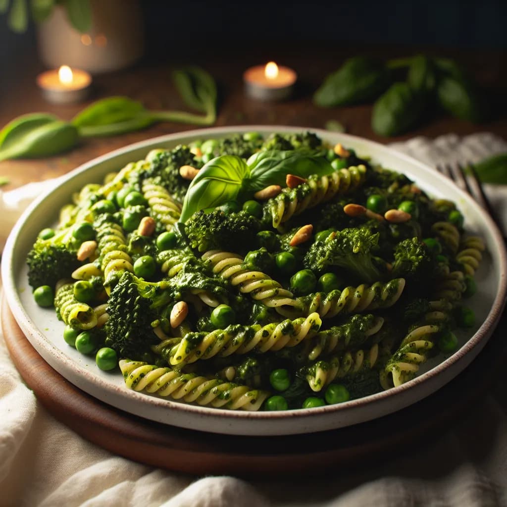 Hot Vegan Spring Greens Pesto Pasta