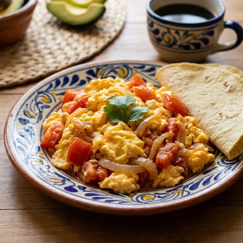 Huevos revueltos con jitomate y cebolla