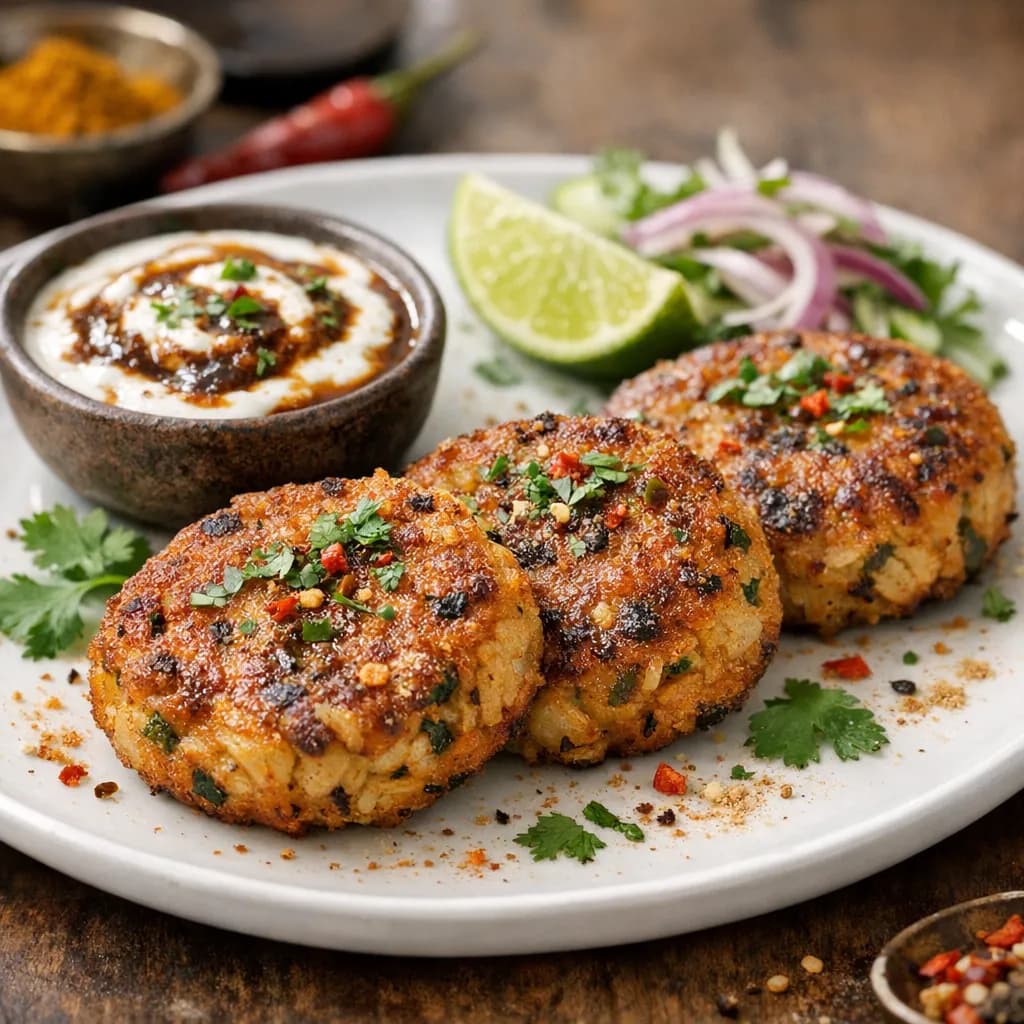 Indian Style Spiced Crab Cakes with Tamarind-Yogurt Chutney