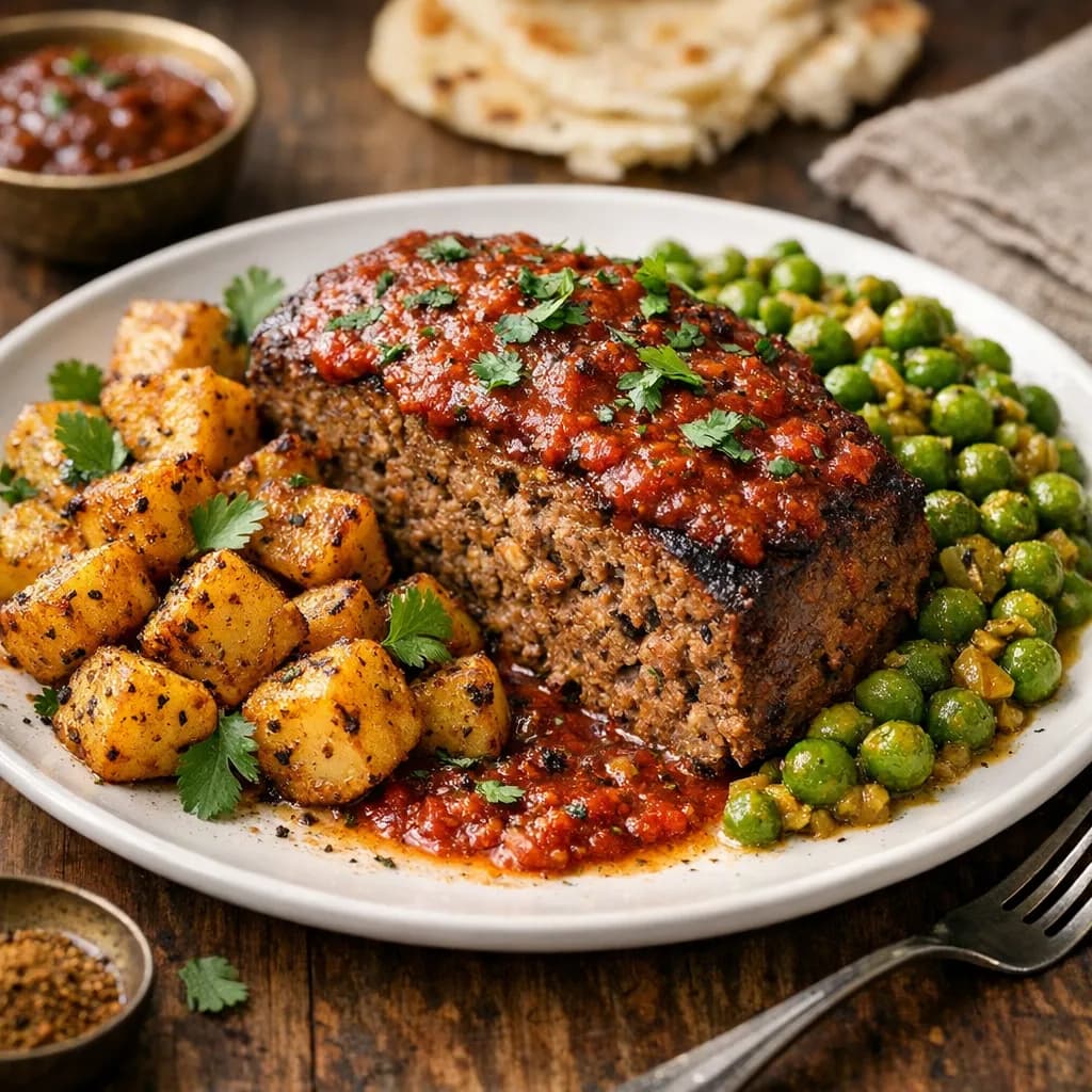 Indian-Style Beef Meatloaf with Garam Masala, Spiced Potatoes, and Curried Peas