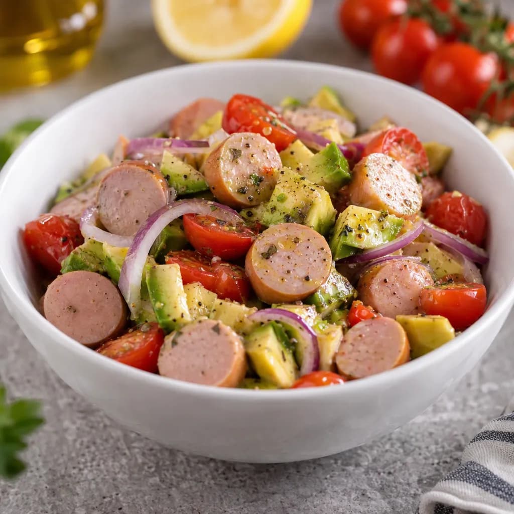 Insalata di wurstel, avocado e pomodorini