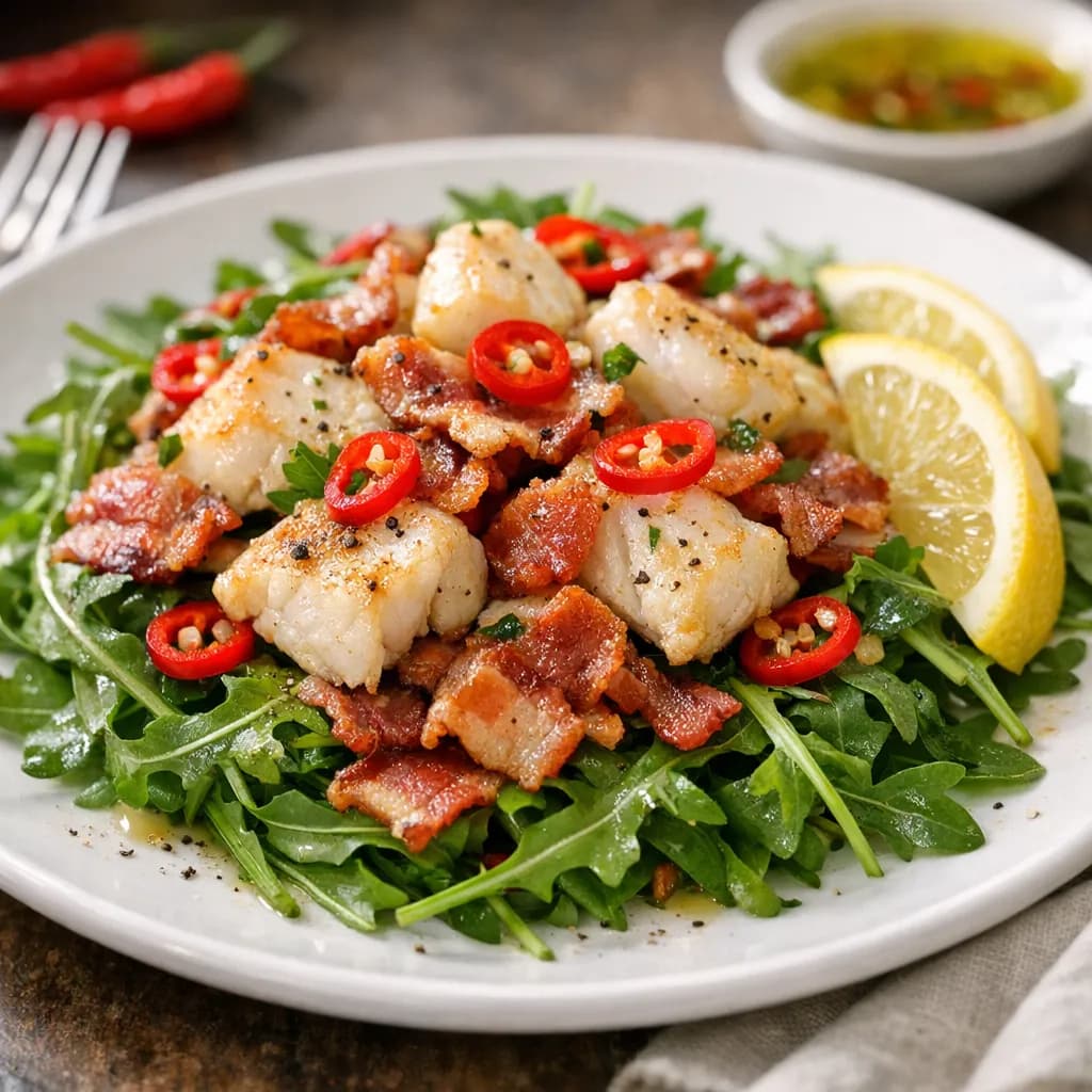 Insalata tiepida di pesce, bacon e peperoncino