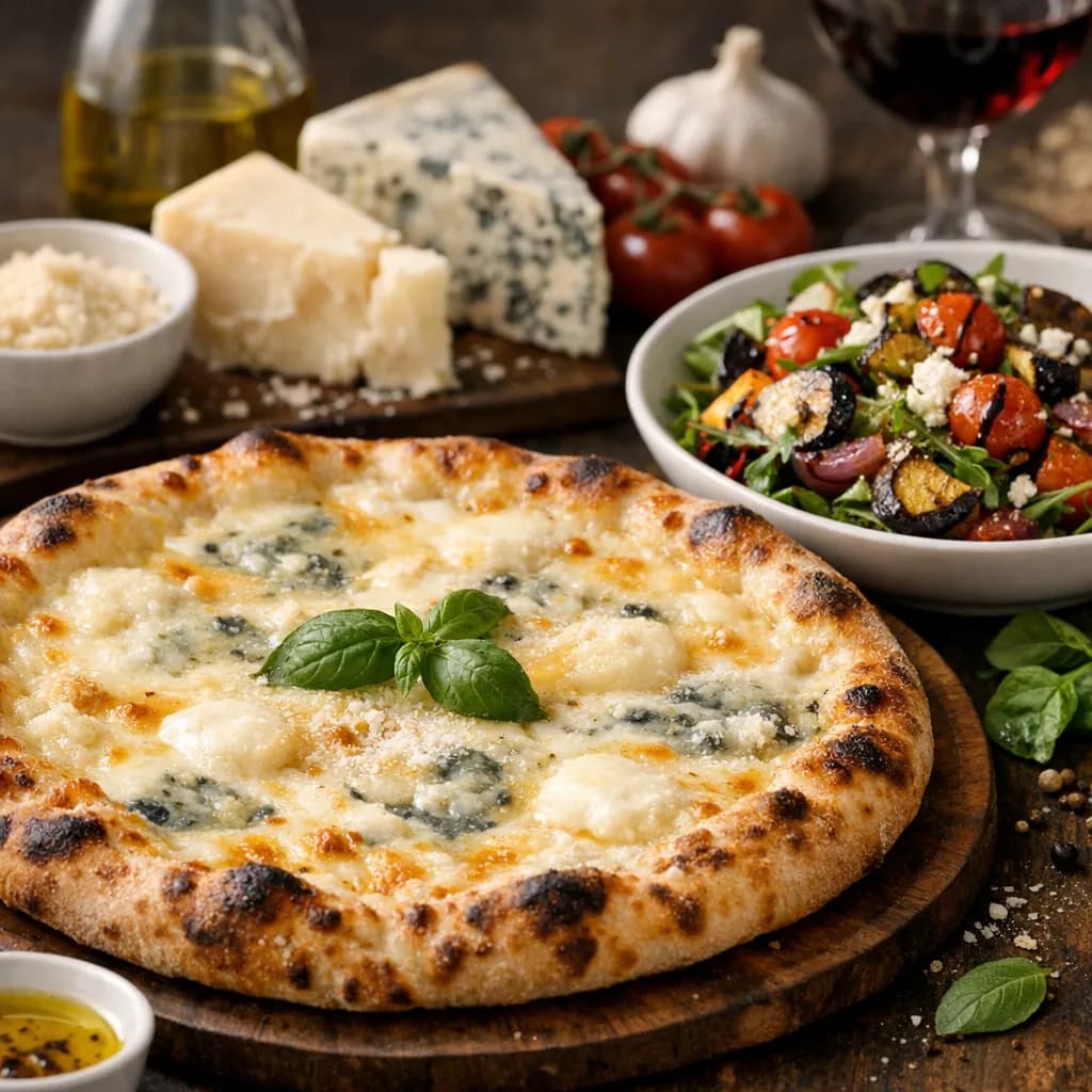 Italian Style Quattro Formaggi Pizza with Roasted Vegetable Salad