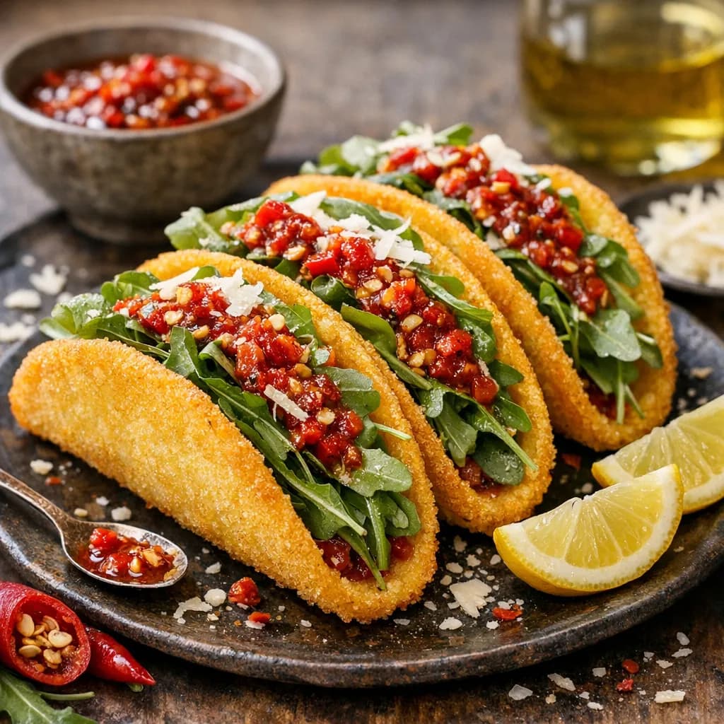 Italian-Style Fried Polenta Tacos with Arugula and Calabrian Chili Sauce