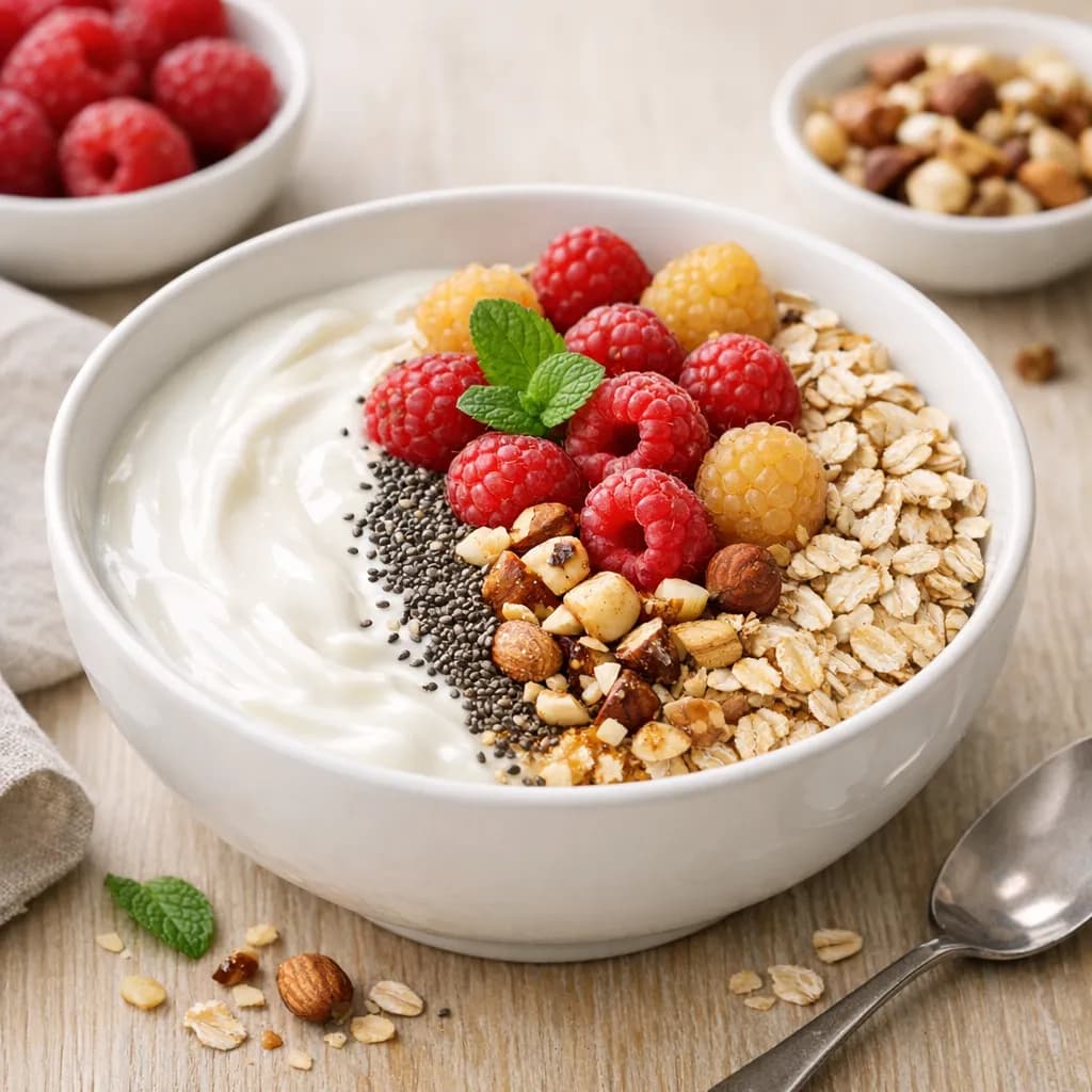 Joghurt-Haferflocken-Bowl mit Himbeeren und Nüssen