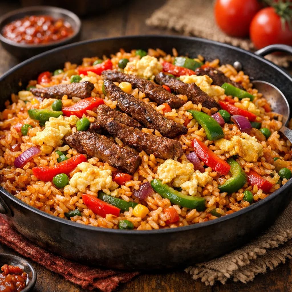 Jollof Rice Stir-Fry with Spiced Beef and Eggs