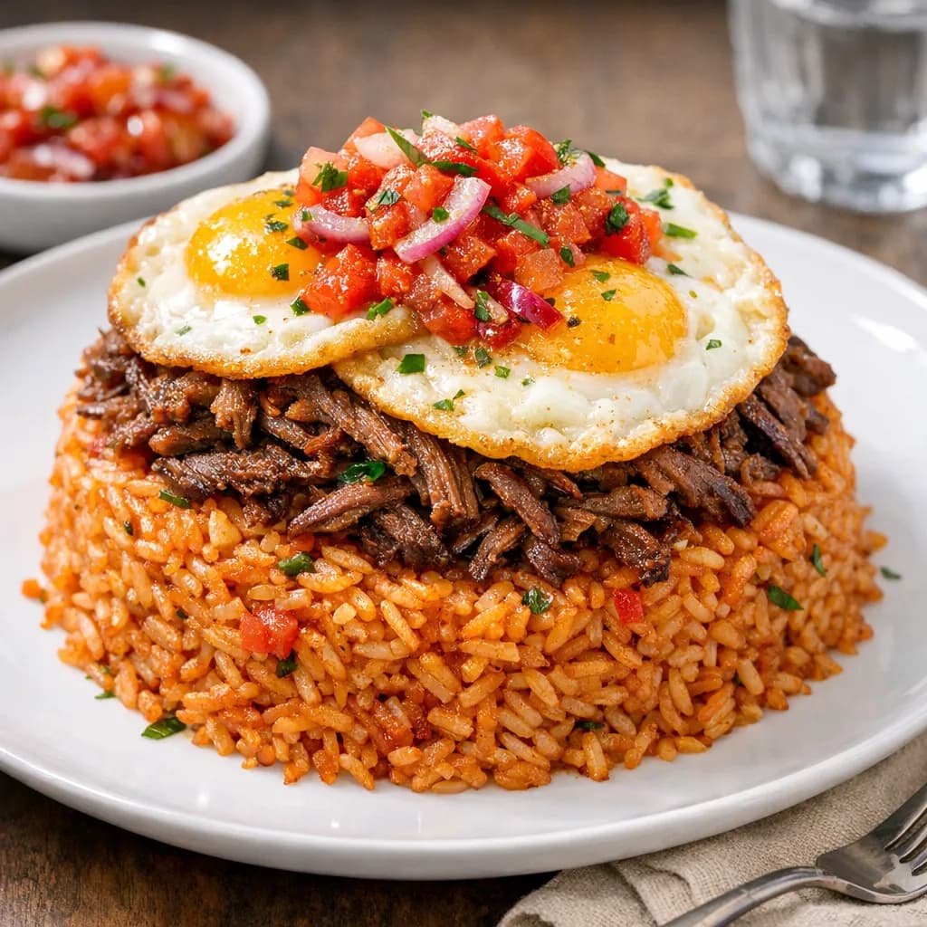 Jollof Rice with Tomato, Meat, and Egg Topping