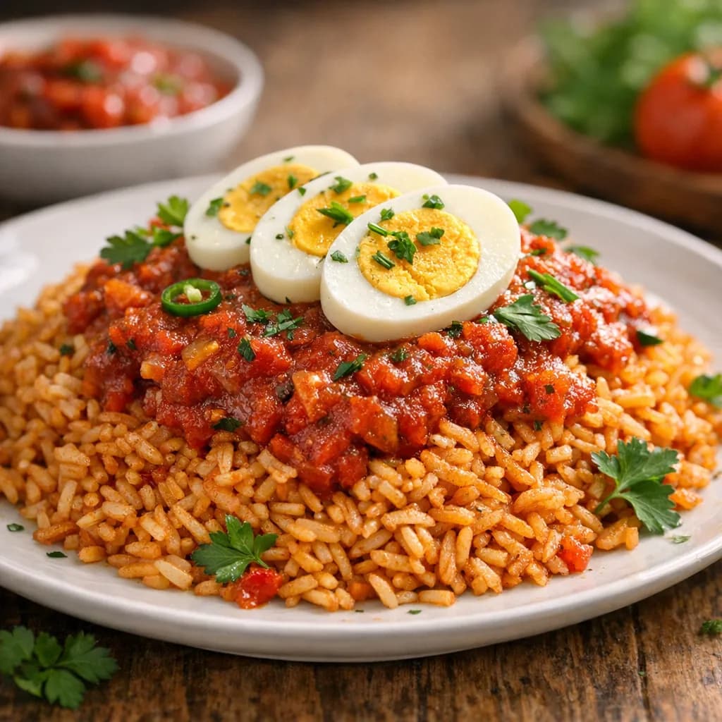 Jollof Rice with Tomato-Pepper Sauce and Boiled Eggs