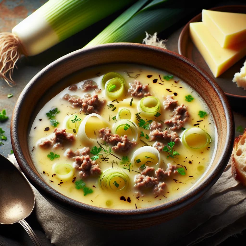 Käse-Lauch-Suppe mit Hackfleisch