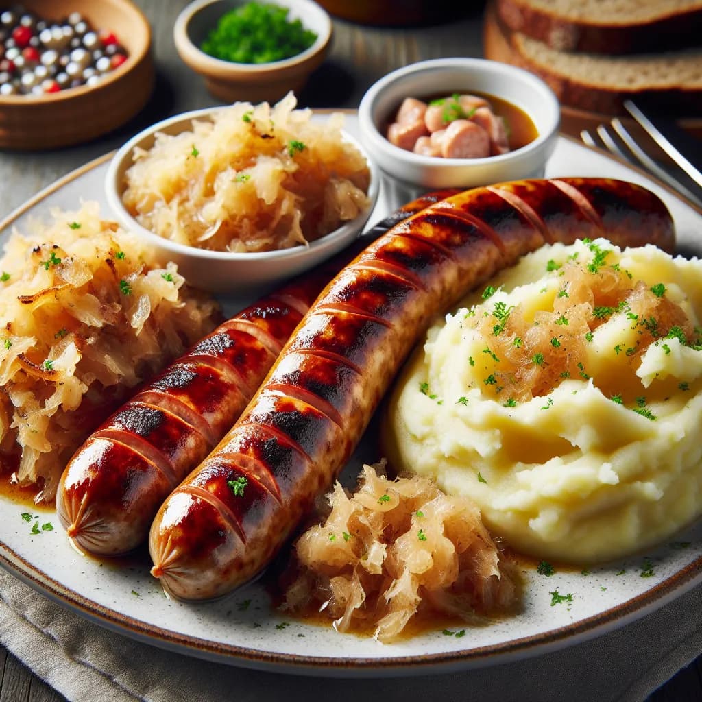 Käsekrainer mit Sauerkraut und Kartoffelpüree