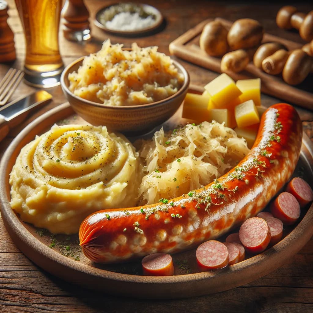 Käsekrainer mit Sauerkraut und Kartoffelpüree