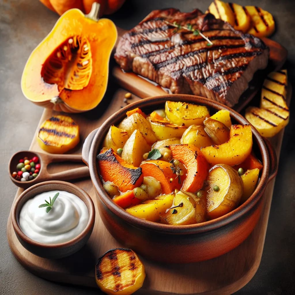 Kürbis-Kartoffel-Auflauf mit Entrecôte und Sauerrahm