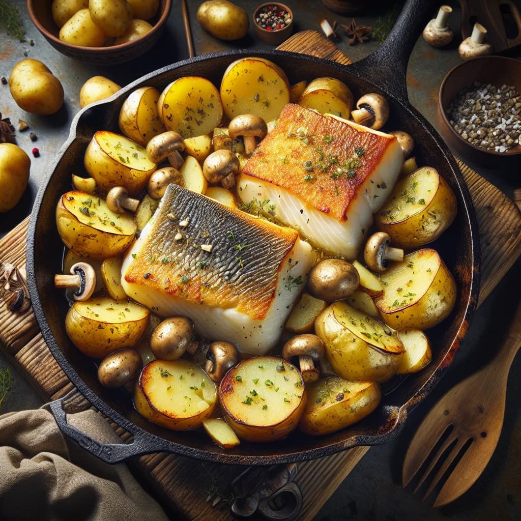 Kabeljau-Kartoffel-Pfanne mit Champignons