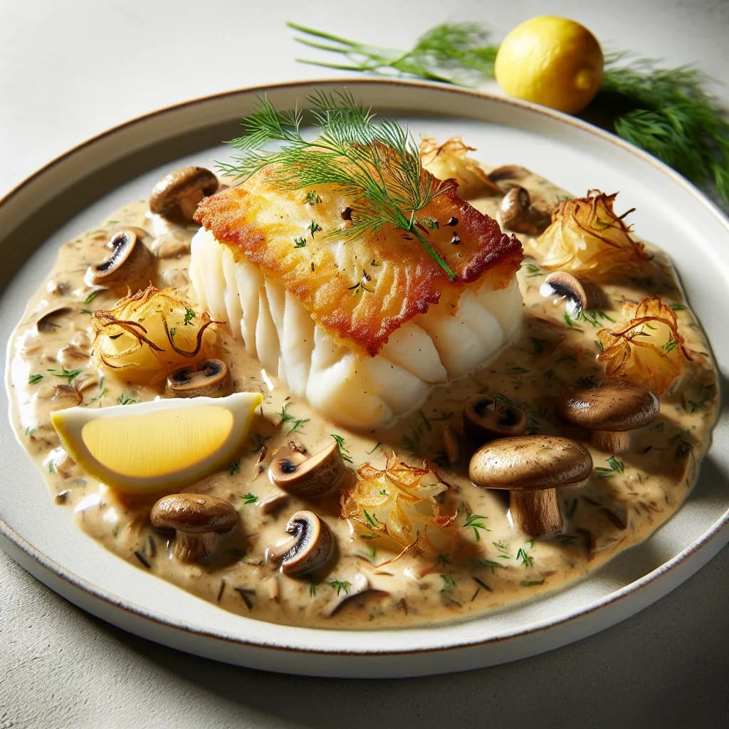 Kabeljaufilet mit Kartoffelkruste und Champignonsoße